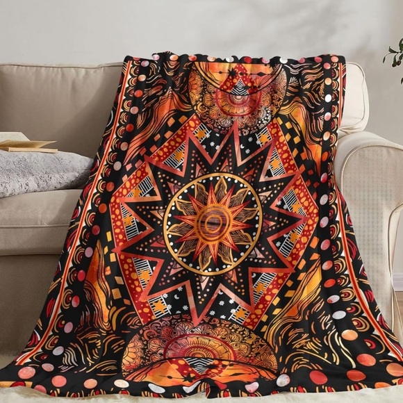 Orange Geometric Art Throw Blanket, Hippie Abstract Sun and Moon - Picture 4 of 4